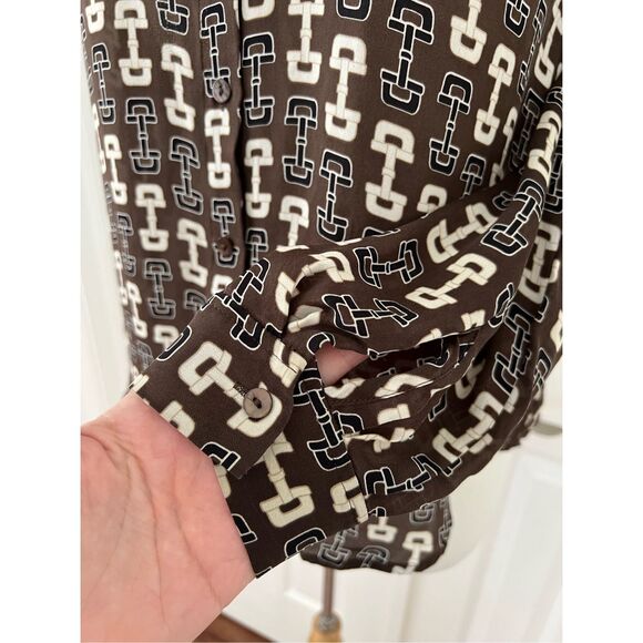 L'Agence Nina Horsebit Brown Ivory Buckle Print Button-Up Silk Blouse Size XS - Picture 4 of 9